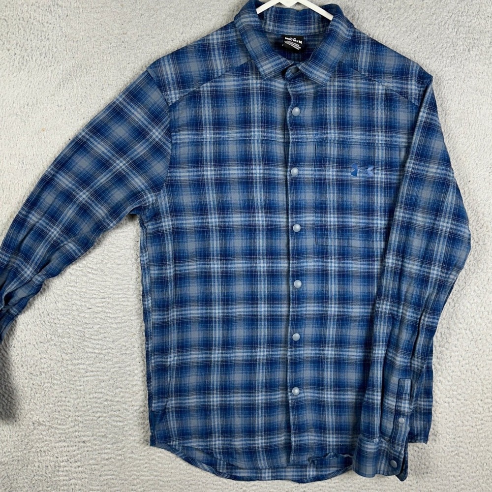 Under Armour Shirt Mens Medium Blue Snap Button Up Plaid Long Sleeve Pocket Logo